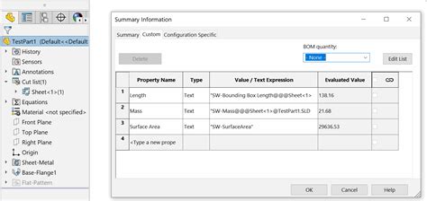 solidworks sheet metal cut list properties|solidworks custom properties list.